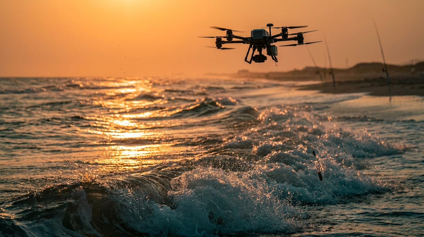 A drone carries a bait rig over the waves at sunset