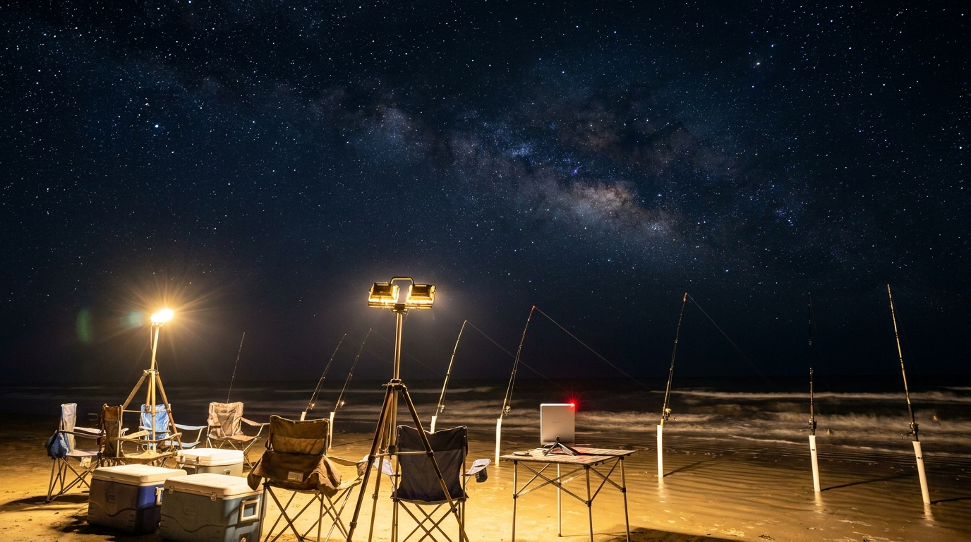 Night beach camp glowing with professional lights under the stars