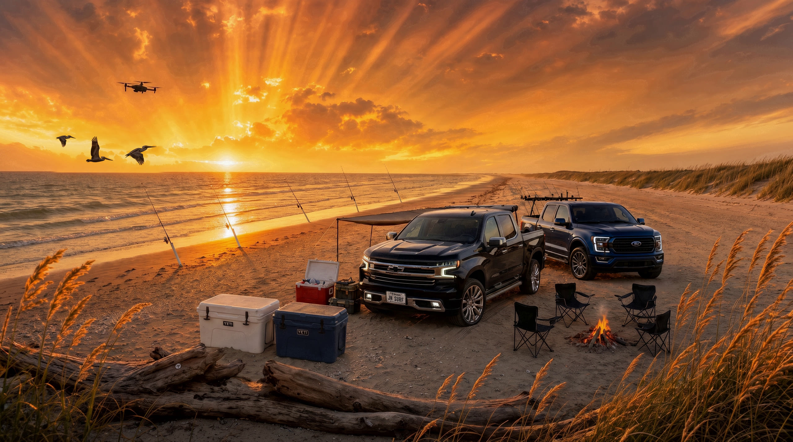 J&H Surf Charters beach camp at golden hour — trucks, shark rods, campfire and pelicans over the Galveston surf